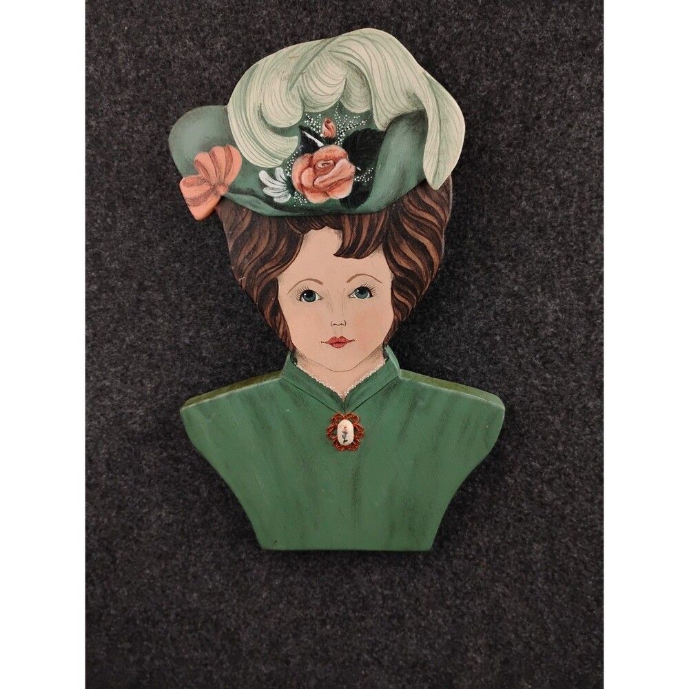 Vintage Wood Plaque Wall Hanging Handpainted Victorian Lady Artist Signed 1990